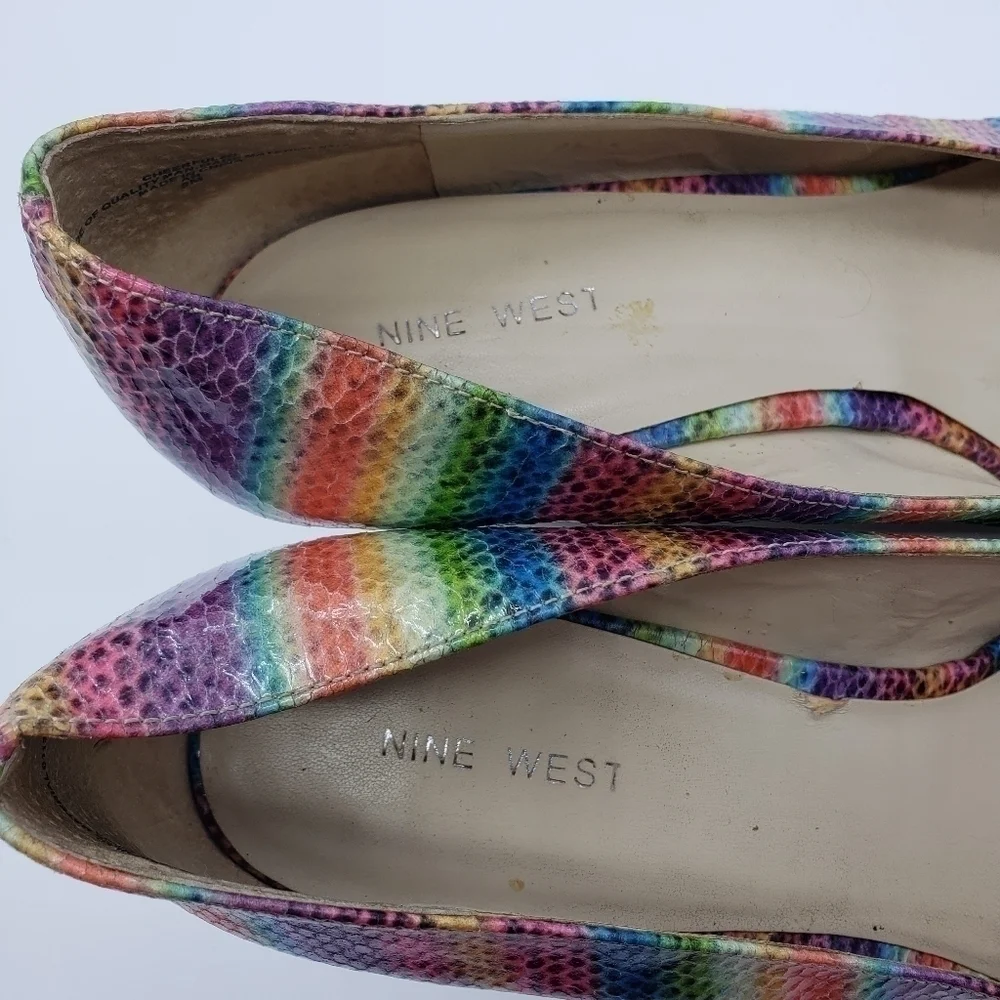 𝅺nine West women US 9 rainbow wedge heels Cheerful-30 open toe cork vegan PRIDE